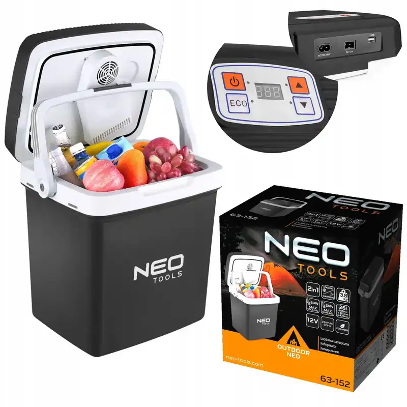 NEO LODÓWKA PODRÓŻNA TURYSTYCZNA SAMOCHODOWA USB LCD 26L 12/230V 63-152 Zwrot pieniędzy