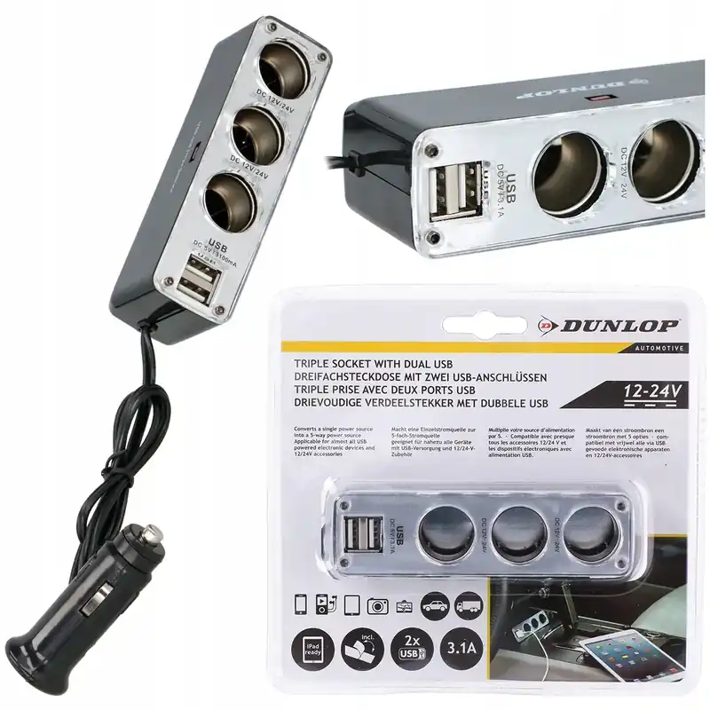 Autentyczny 2 x Rozgałęźnik ROZDZIELACZ zapalniczki +2x USB Dunlop