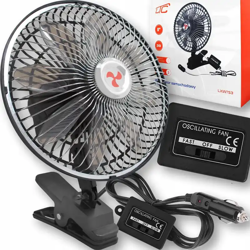 DUŻY WIATRAK WENTYLATOR SAMOCHODOWY OBROTOWY REGULOWANY OSCYLACJA 12V i 24V Premium