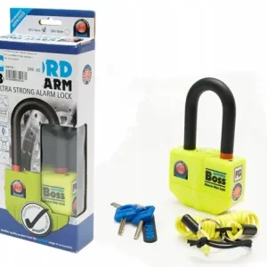 Nowość Blokada tarczy Oxford z alarmem 110dB, trzpień 14mm, żółta.